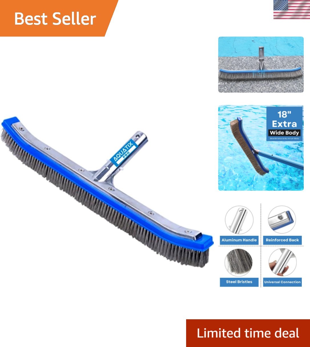 Pool Brush Head, 18&Prime; Heavy Duty for Cleaning Walls & Floors, Stainless Steel …