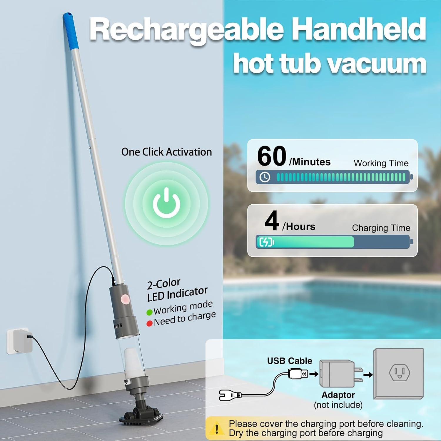Cordless Handheld Pool & Hot Tub Vacuum for above Ground Pool, 12 Gals/Min Power