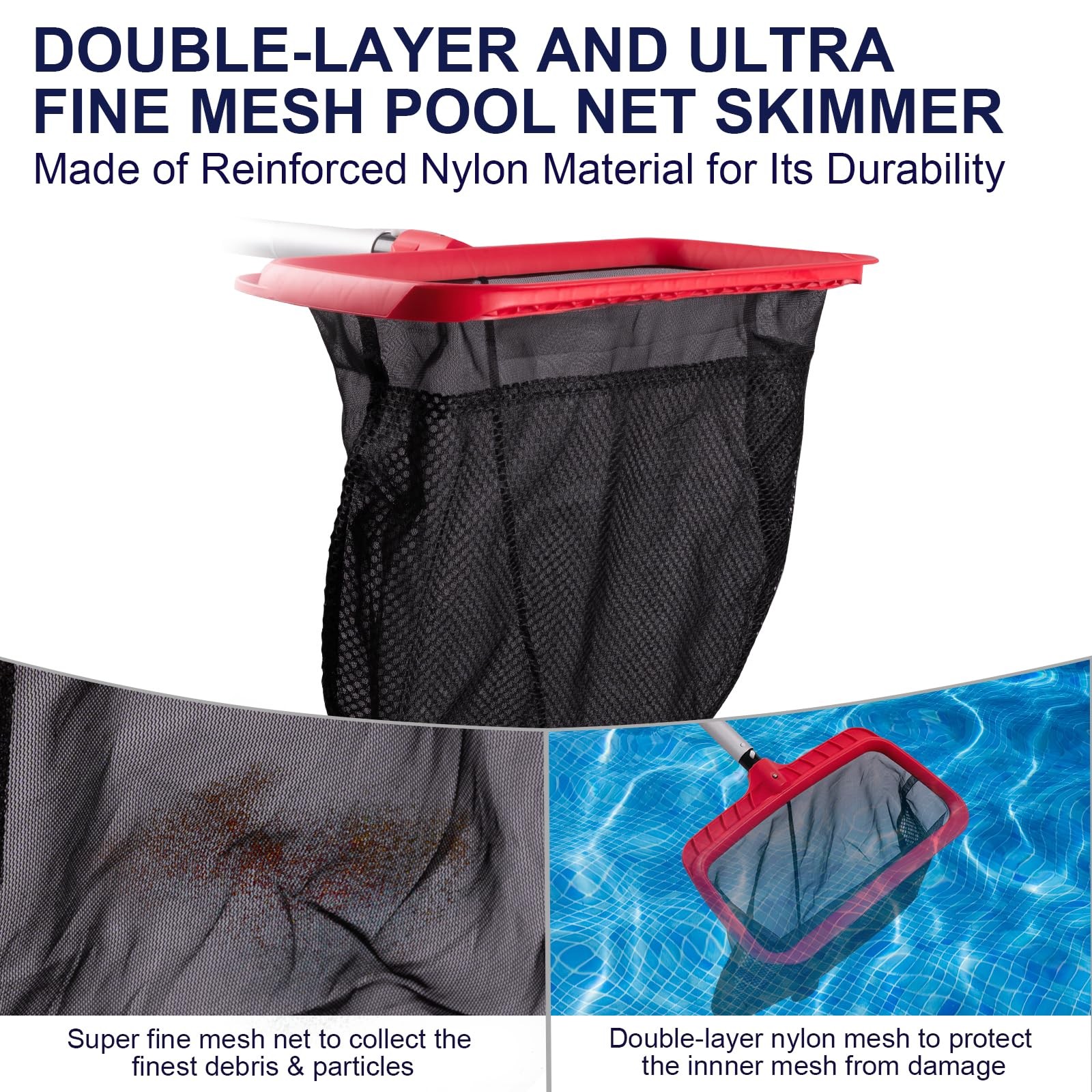 Pool Skimmer Net, Upgraded Pool Net Skimmer with Double-Layer Netting Bag, Pool
