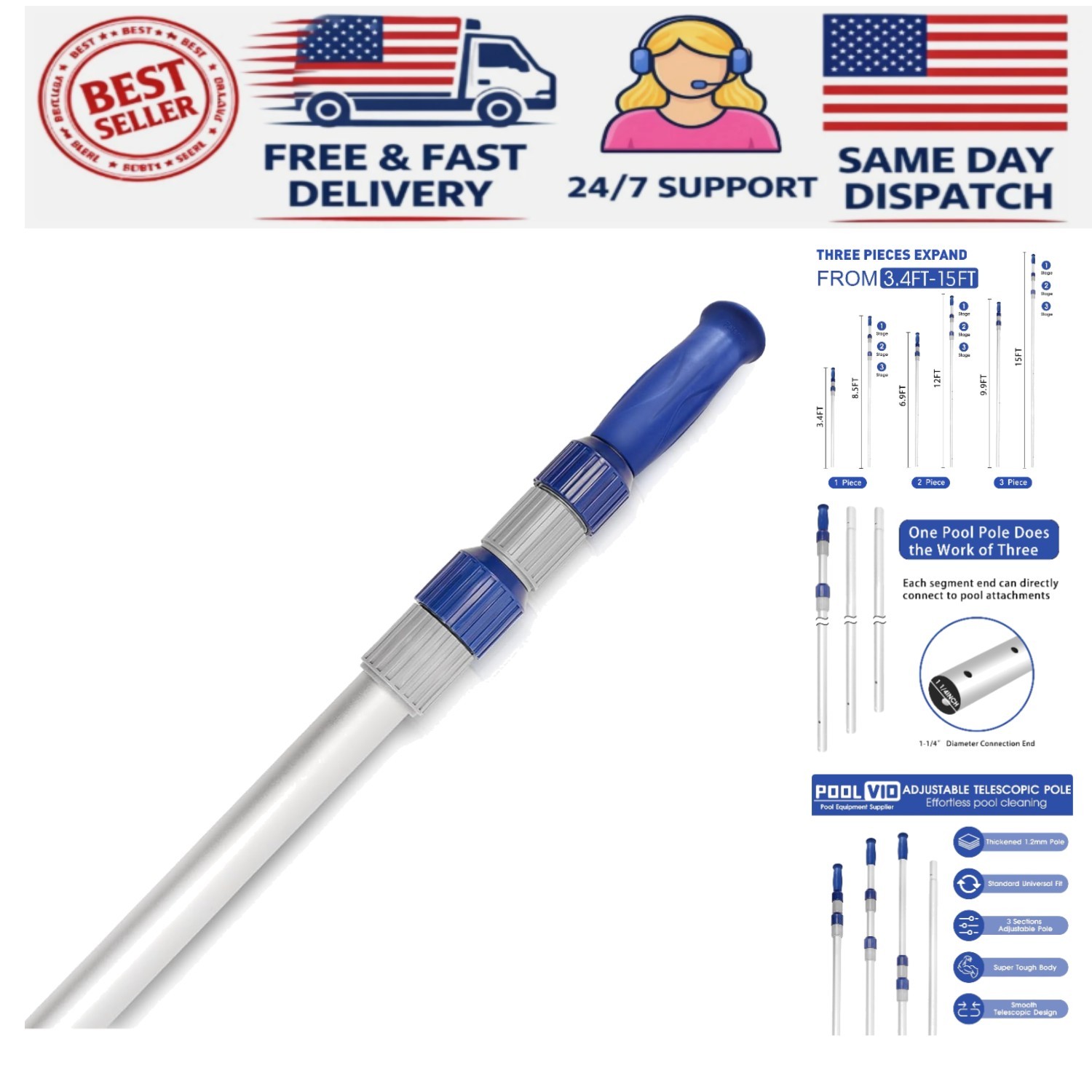 15 FT Telescopic Aluminum Pool Pole – Adjustable Skimmer for Effortless Cleaning