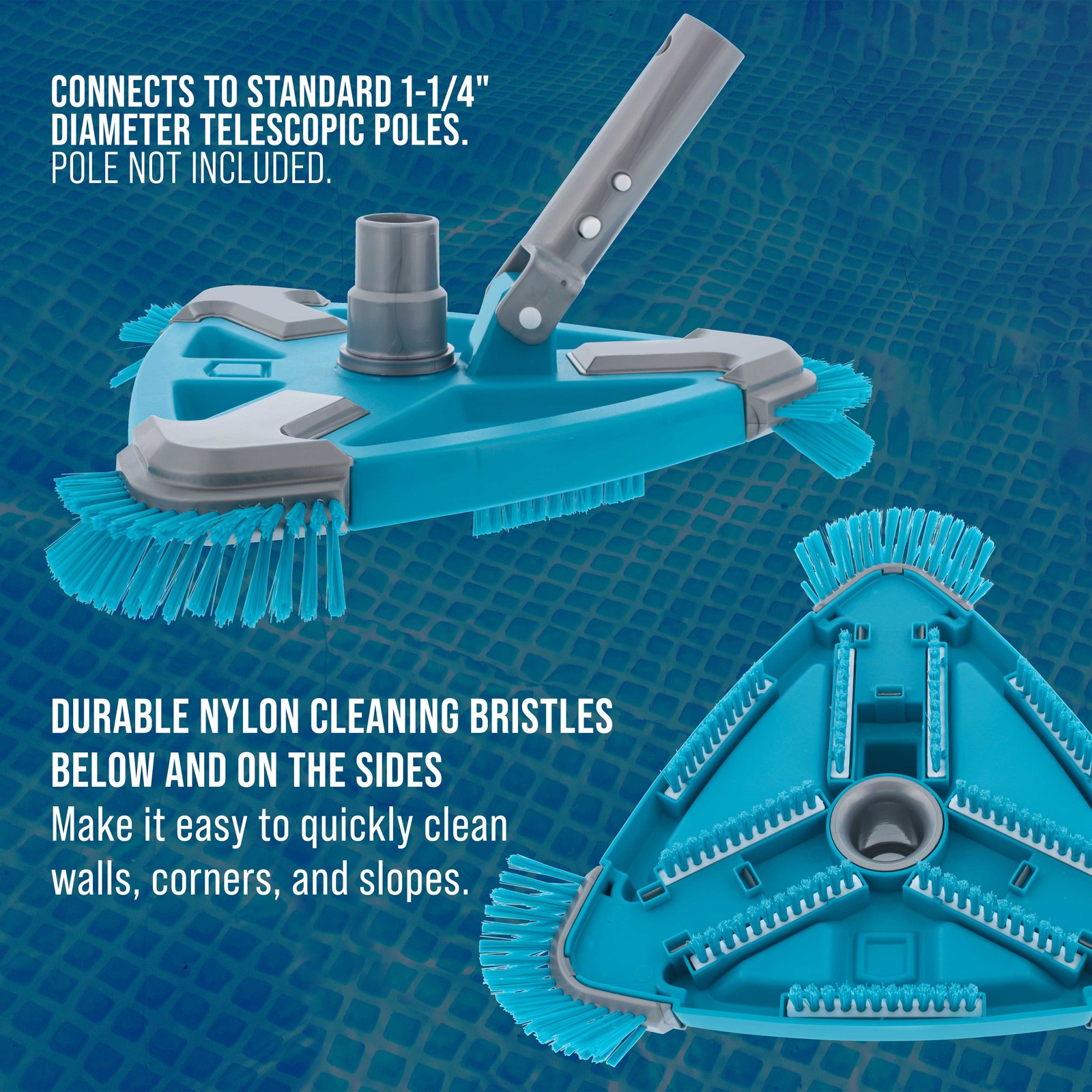 Deluxe Weighted Triangular Pool Vacuum Head with Side Brushes, Swivel Connection