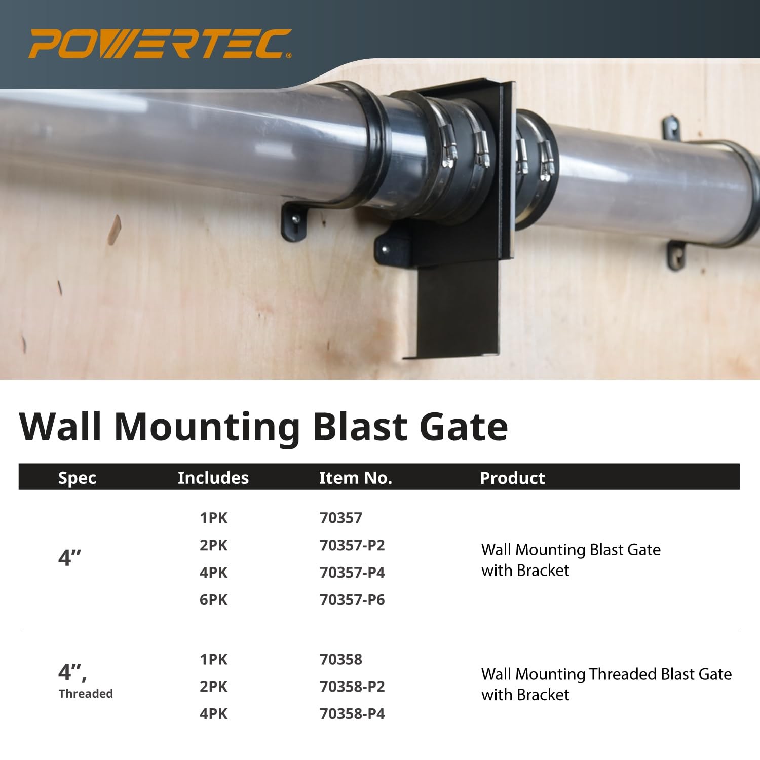POWERTEC 70358-P4 4&Prime; Wall Mounting Threaded Blast Gate w/ Bracket Dust Coll.