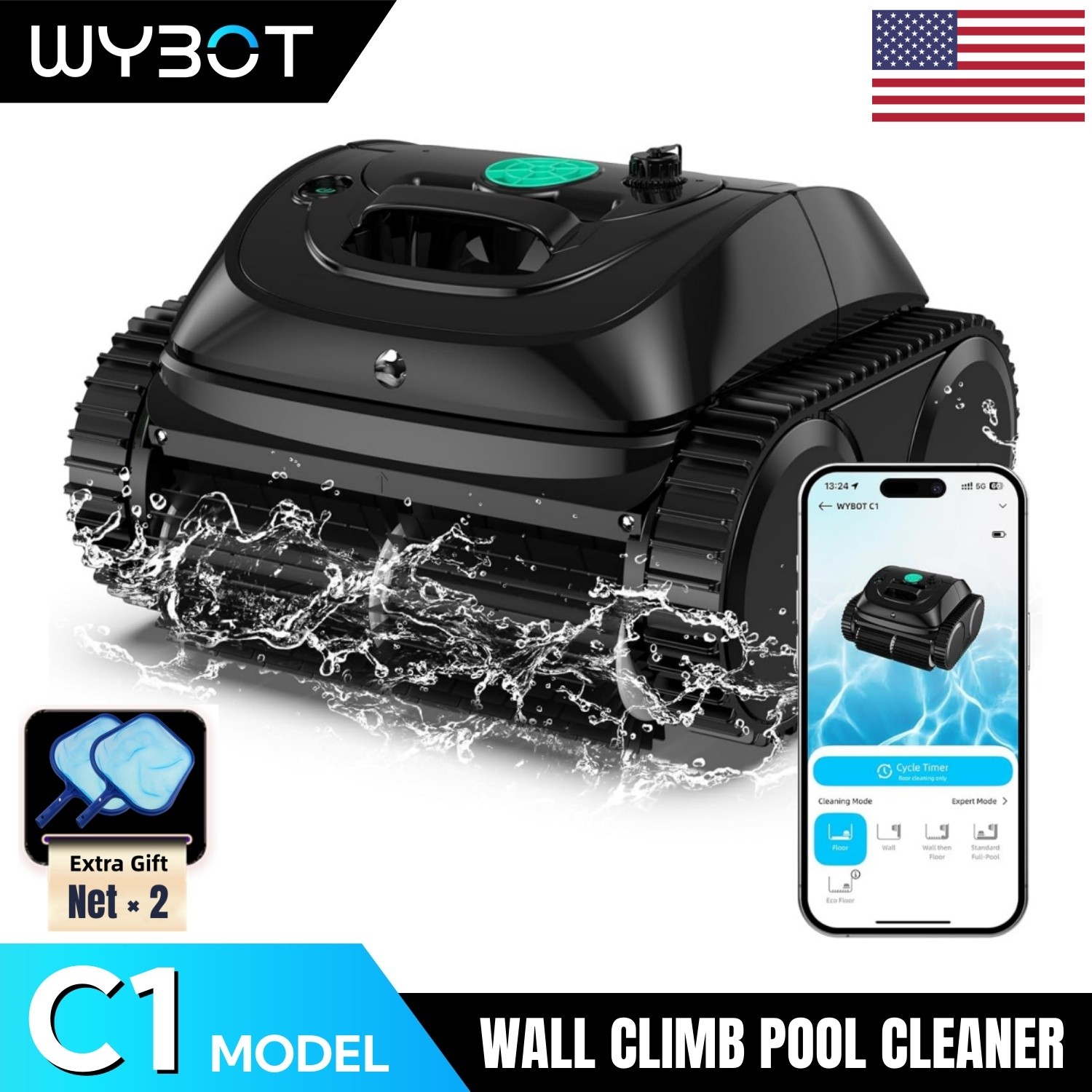 WYBOT C1 Robotic Pool Cleaner Wall Climb Cordless Pool Vacuum Inground Pools