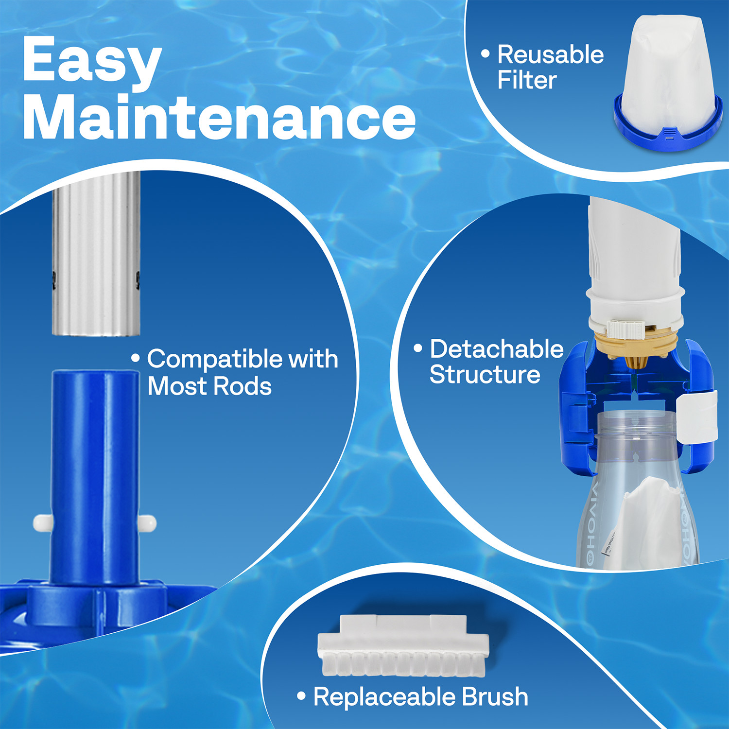 Cordless Pool Vacuum Cleaner 40W Quiet 19GPM 75min Battery 8.2FT Pole 2.6LFilter