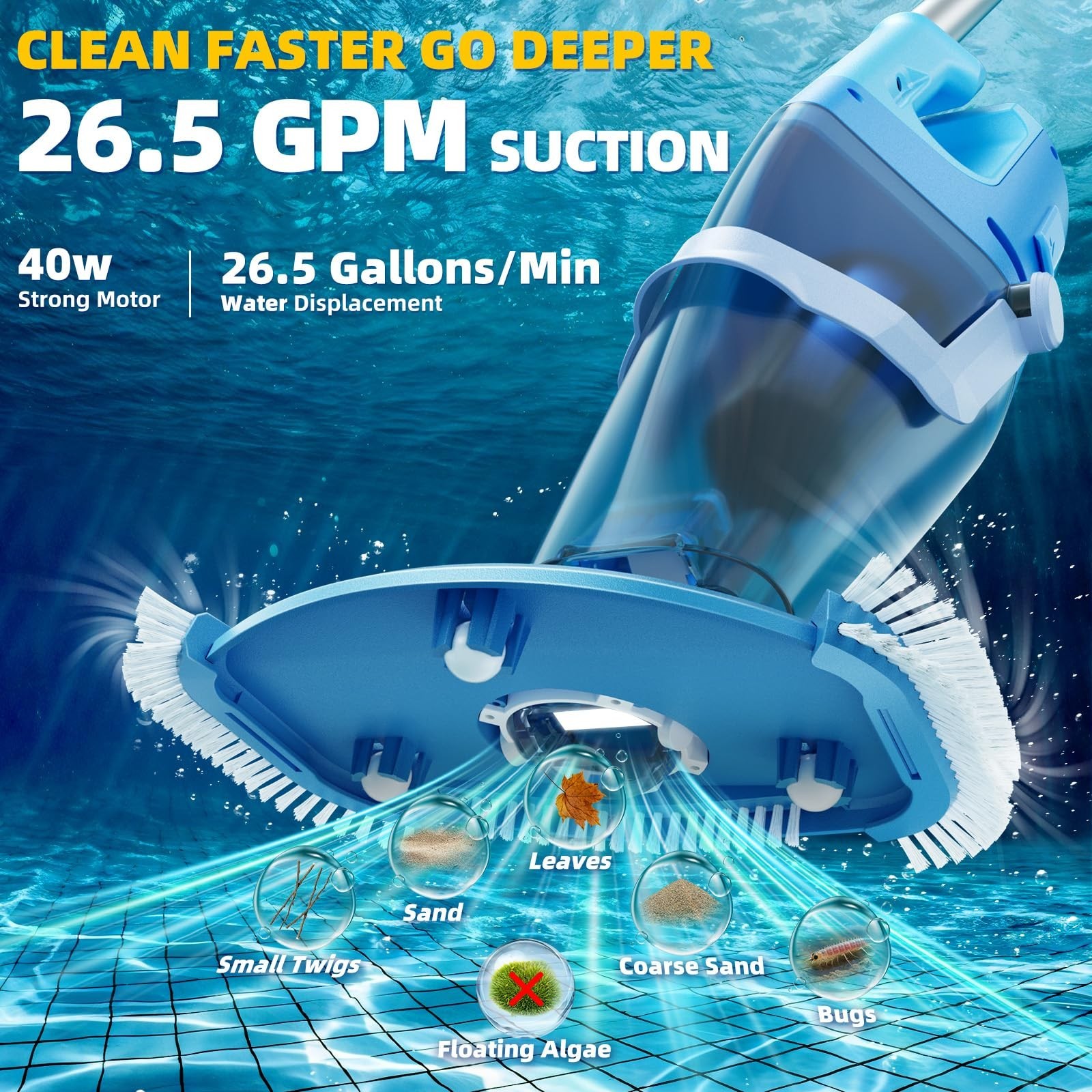 Cordless Pool Vacuum with Telescopic Pole, 26.5 gallons/min Powerful Suction,…