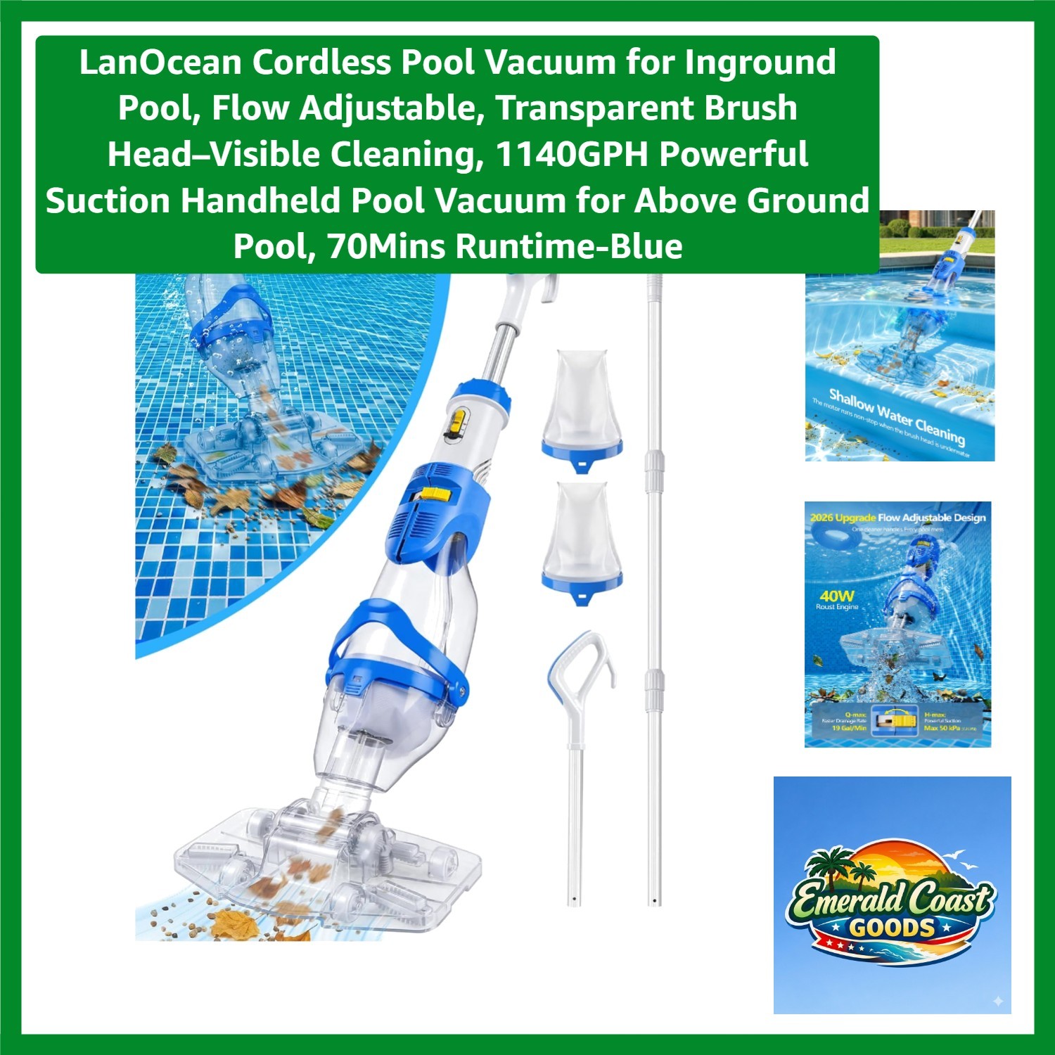Cordless Pool Vacuum with Adjustable Suction – 1140GPH Power & 70 Mins Runtime
