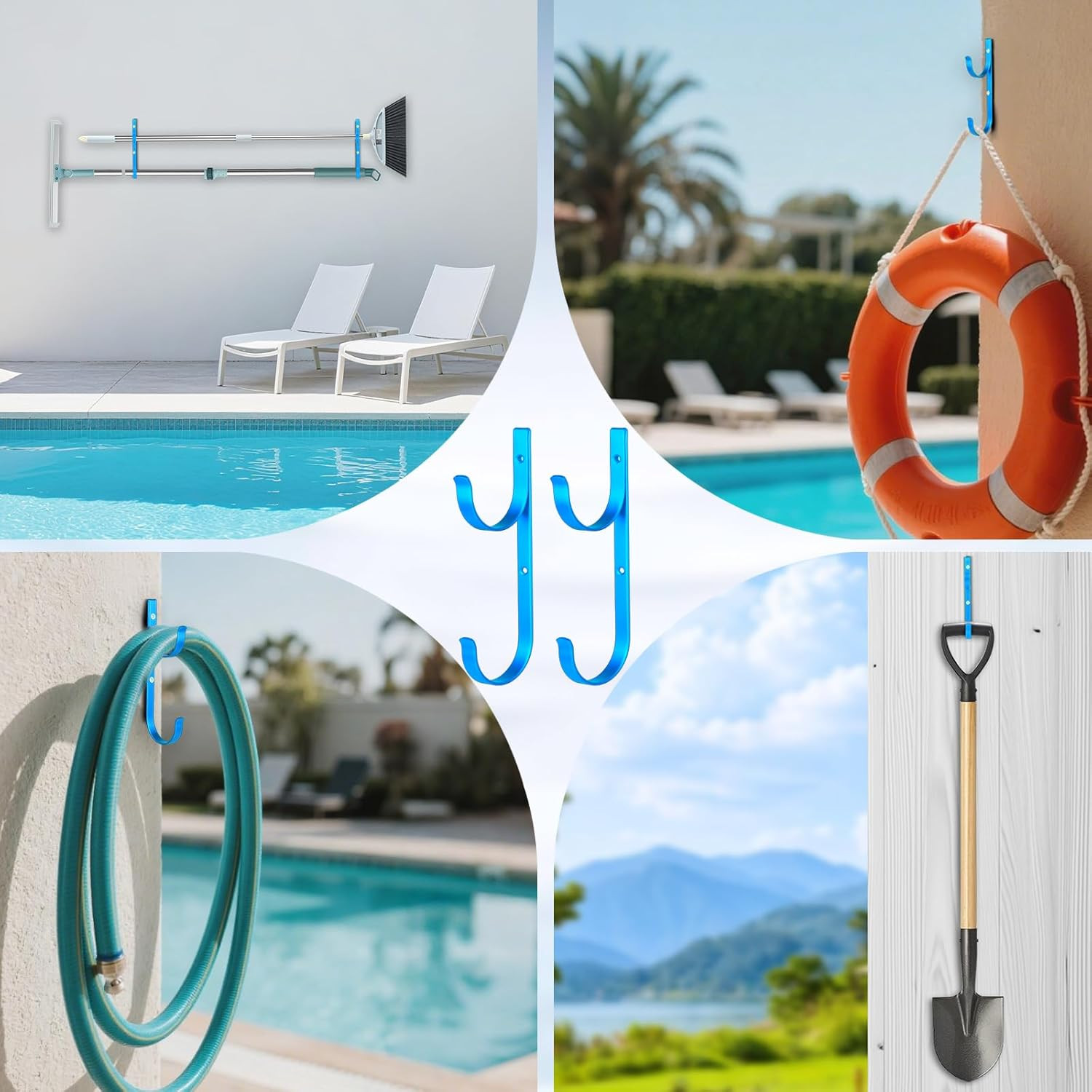 Pool Pole Hanger,4 Pcs Blue Aluminum Pool Hooks for Poles,Rakes,Skimmers,Nets, V