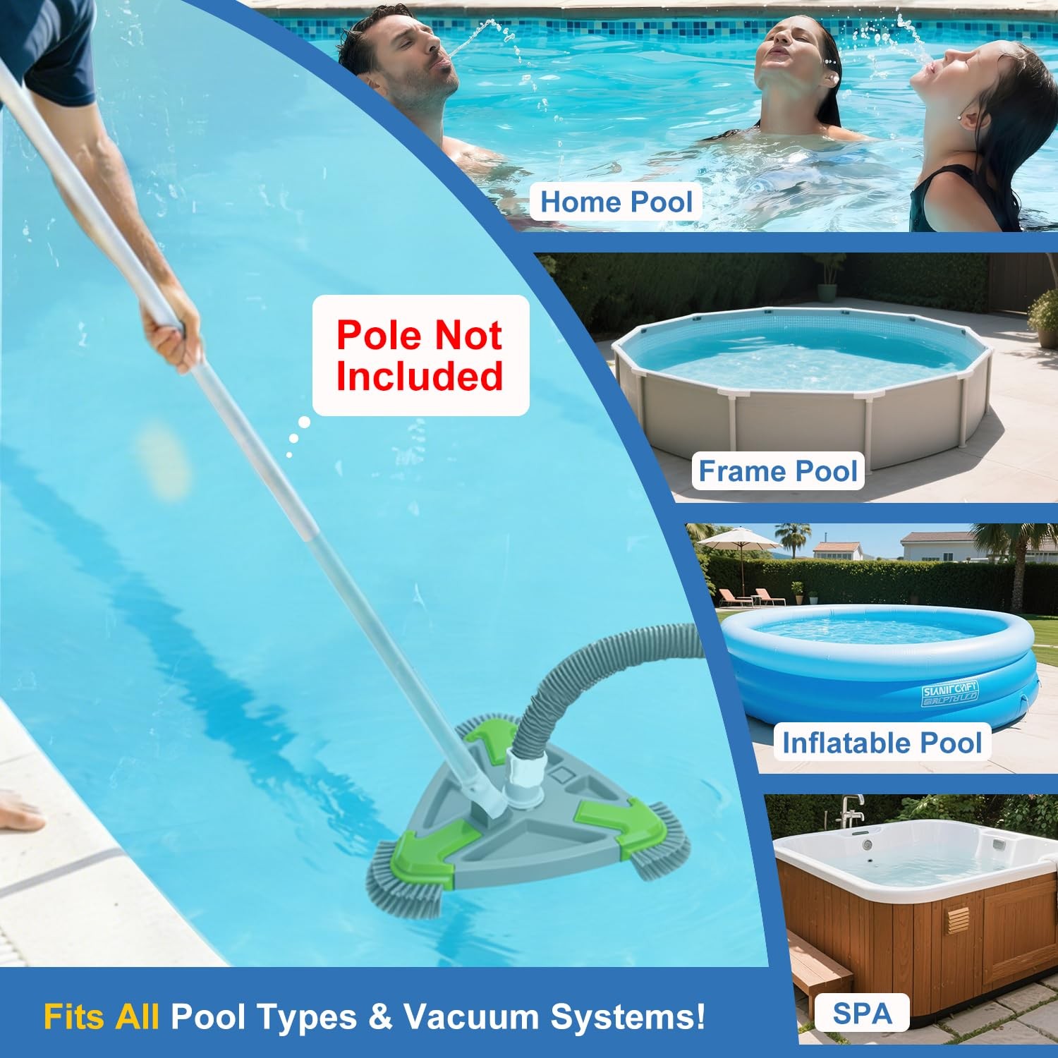 Weighted Triangular Pool Vacuum Head with Side Brushes, 13.5&Prime; Manual Pool Cle…