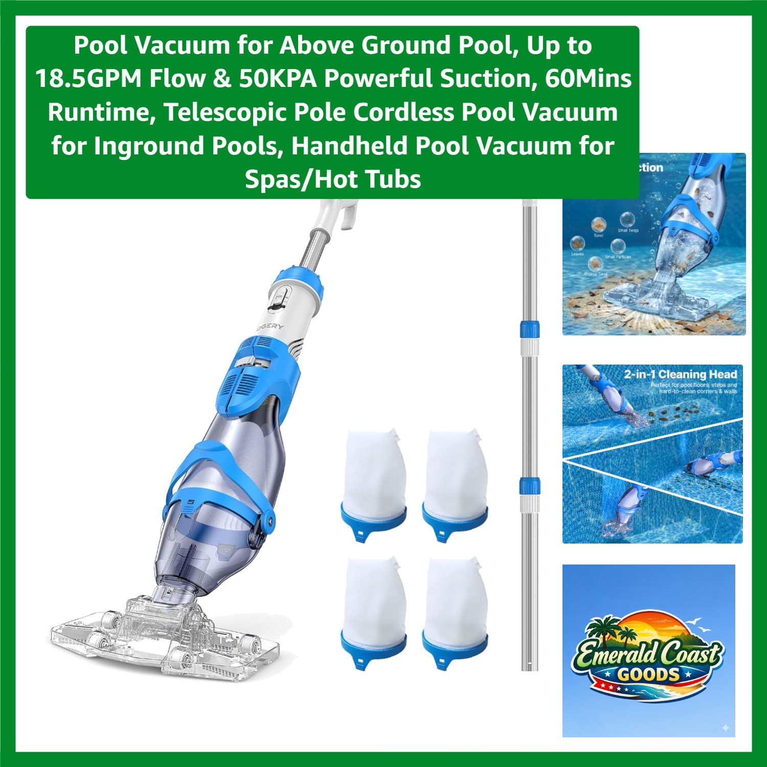 Versatile Cordless Pool Cleaner with 3 Filter Bags & Adjustable Suction Power