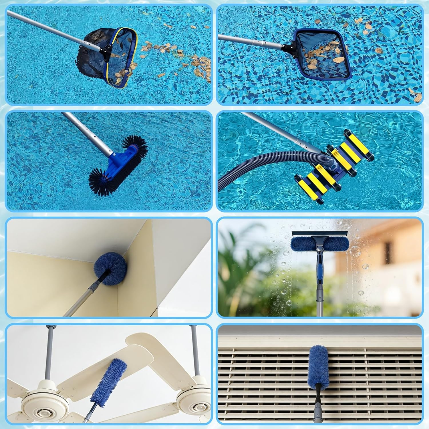 12FT Pool Pole, 2-Piece Telescopic Swimming Pool Cleaning Pole with Universal Th