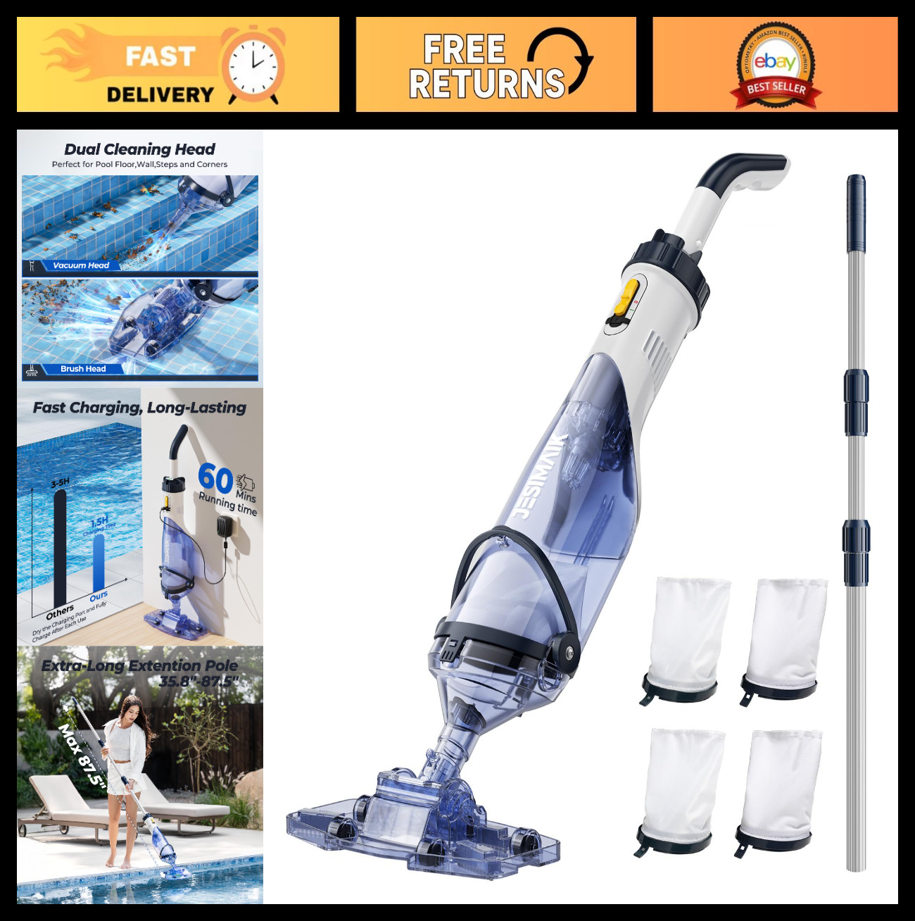 Rechargeable Pool Vacuum Cleaner for Above Ground & Inground Pools, 60Min Runtim