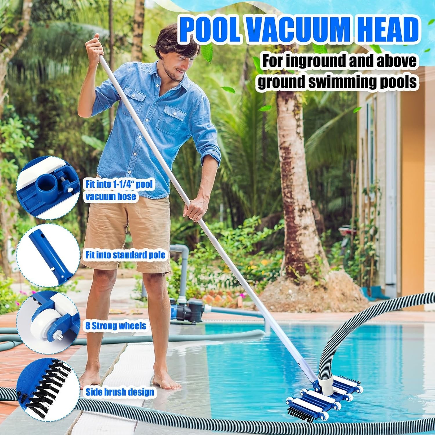 Innconee 3 Pcs Pool Cleaning Kit Swimming Pool Vacuum Head Hoses 1-1/2&Prime; x 30ft w