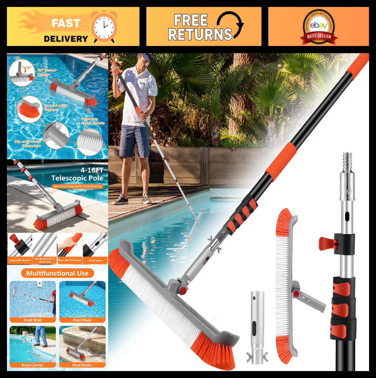 16FT Telescopic Pool Brush & Pole – Heavy Duty 19&Prime; Scrubber for Walls & Floors