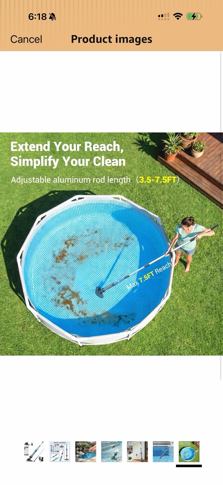 Cordless Rechargeable Pool Vacuum 60 Min w/ Telescopic Pole, Brush & Charger