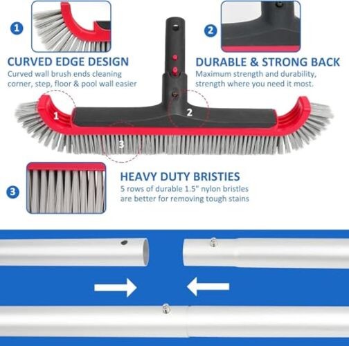 Swimming Pool Brush with Pole – 17.5&Prime; Wall Brush with 10FT Adjustable Aluminum
