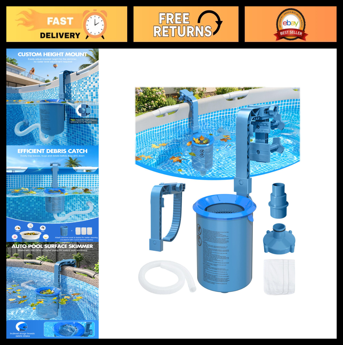 2026 Above Ground Pool Skimmer with 3 Socks | Wall Mount Surface Cleaner, Anti-T