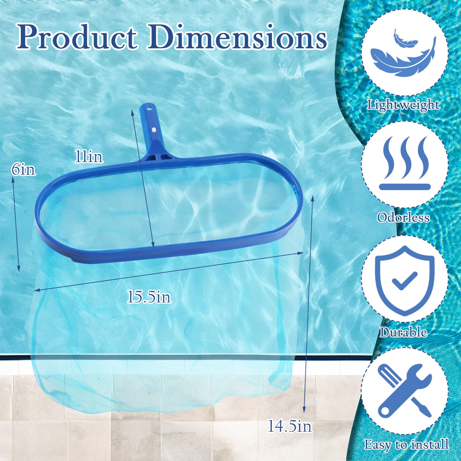 Heavy Duty Pool Leaf Rake Fine Mesh Frame Net for Efficient Cleaning 15.5x11in