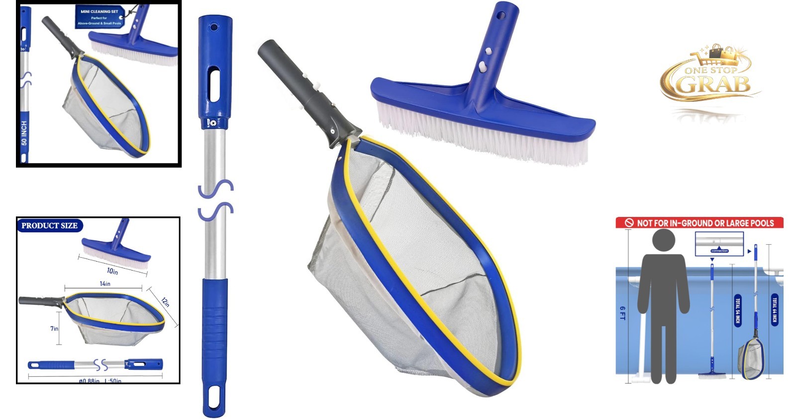Pool Cleaning Kit 14 » Brush & 50 » Telescopic Aluminum Pole Blue