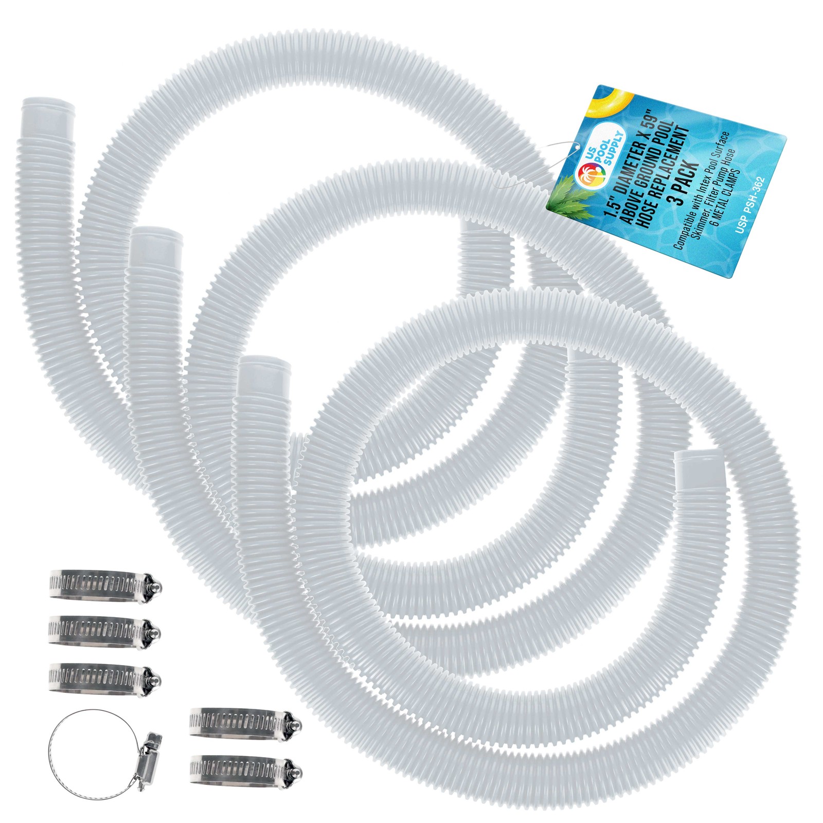 3 Pack of White Above Ground Pool Hose Replacement 1.5&Prime; Diameter x 59&Prime; Long