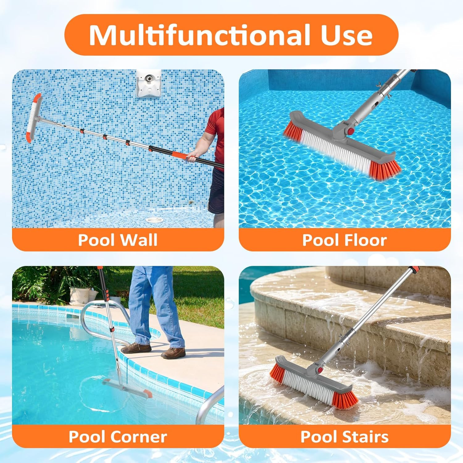 16FT Pool Brush with Pole, 19&Prime; Heavy Duty Swimming Pool Brush with 4-16FT Alumin