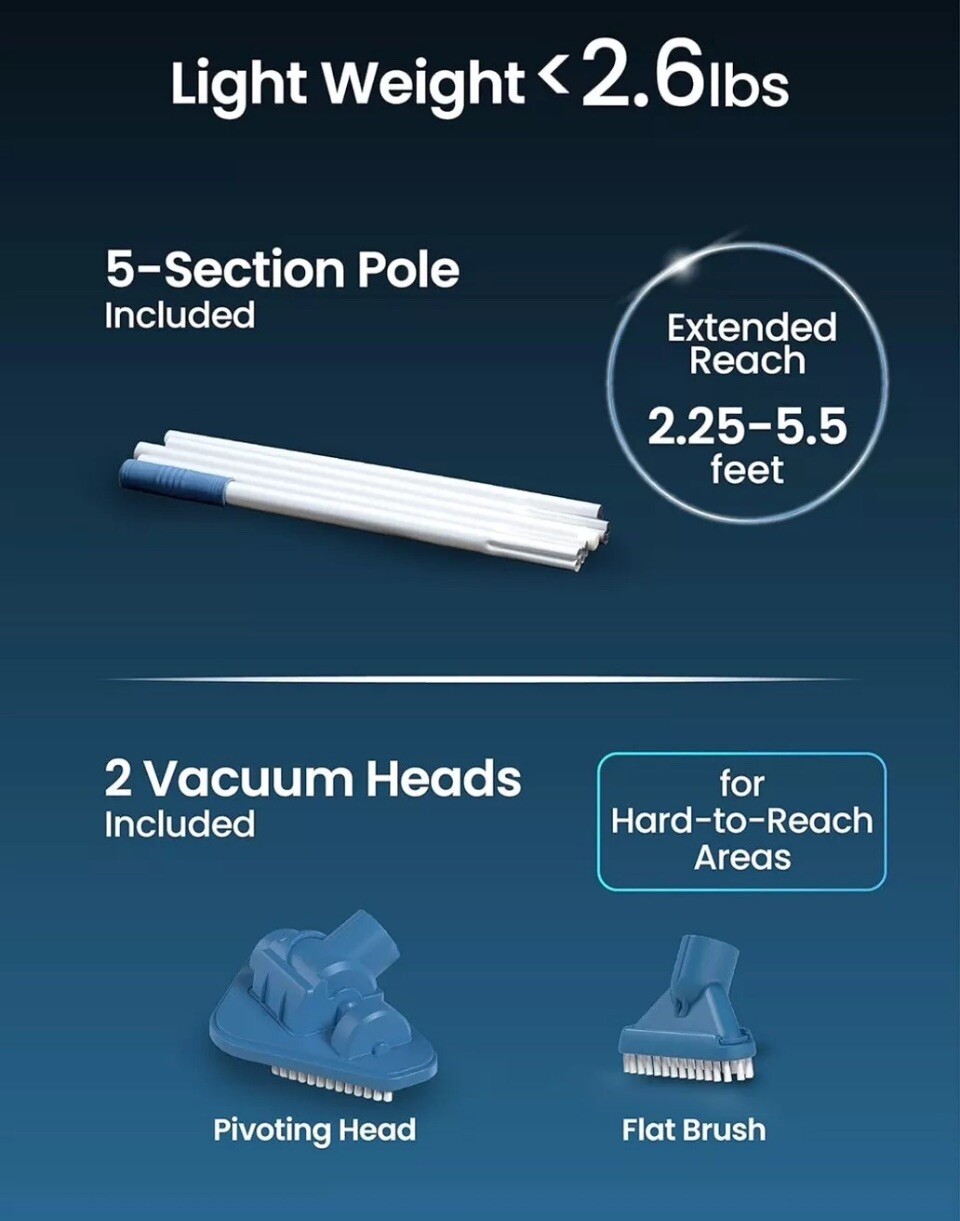 KOKIDO 2024 Rechargeable Handheld Pool Vacuum Set with Adjustable Grey & Blue