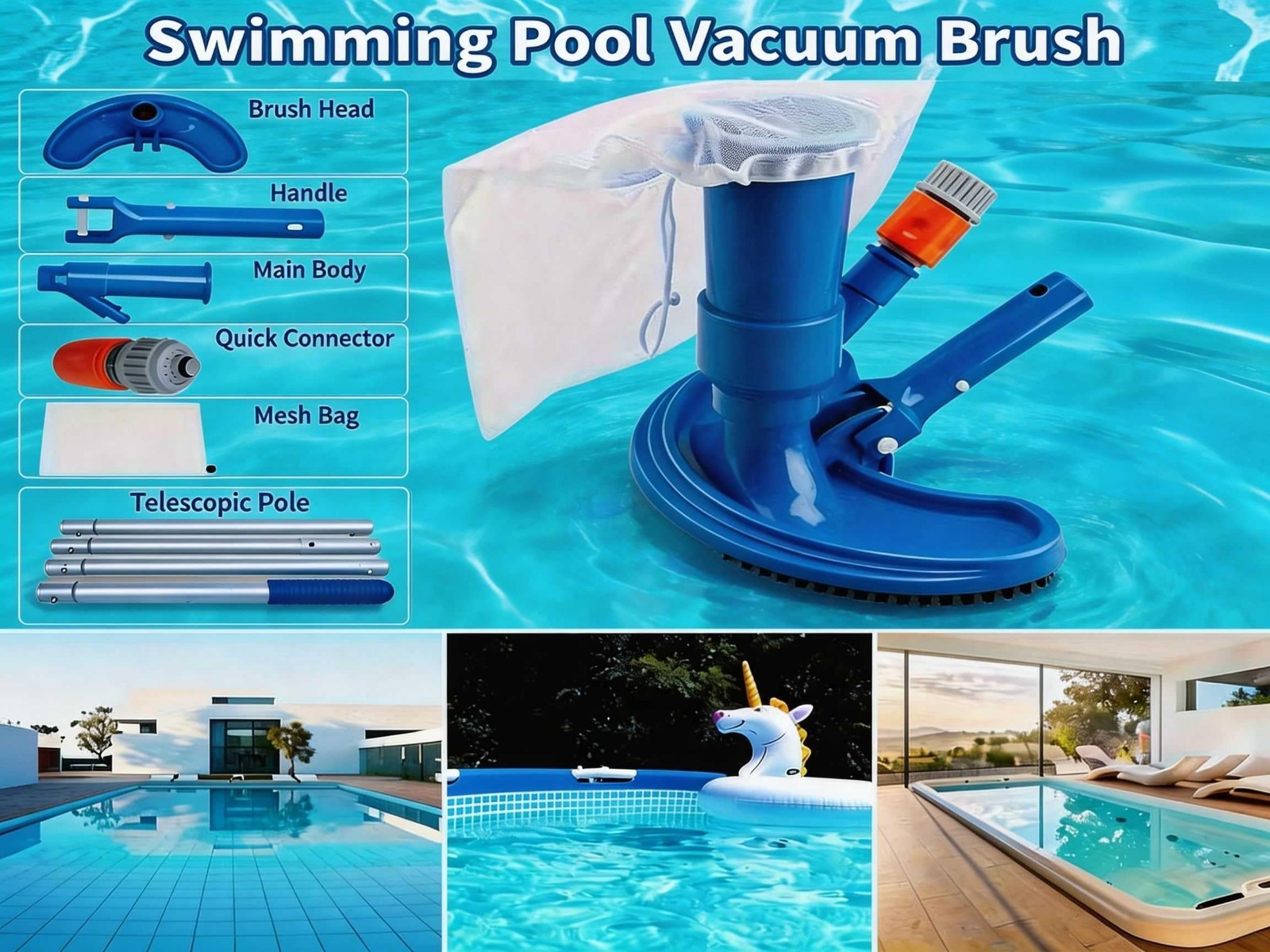 Handheld Pool Vacuum with 59&Prime; Pole – Garden Hose Powered, No Battery Needed, Und
