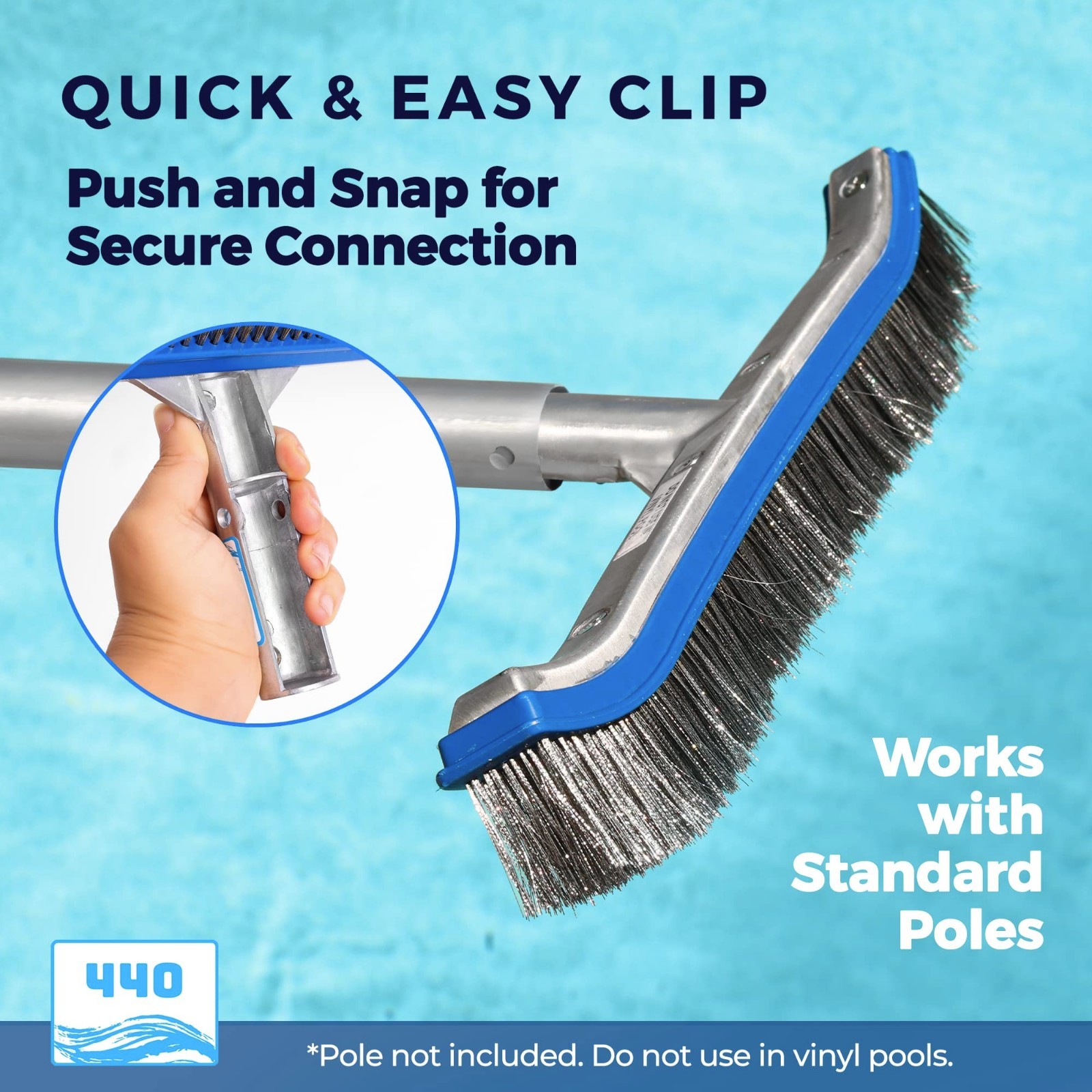 Extra-Wide 18&Prime; Heavy Duty Pool Brush – Metal Head, Stainless Steel Bristles, Cur