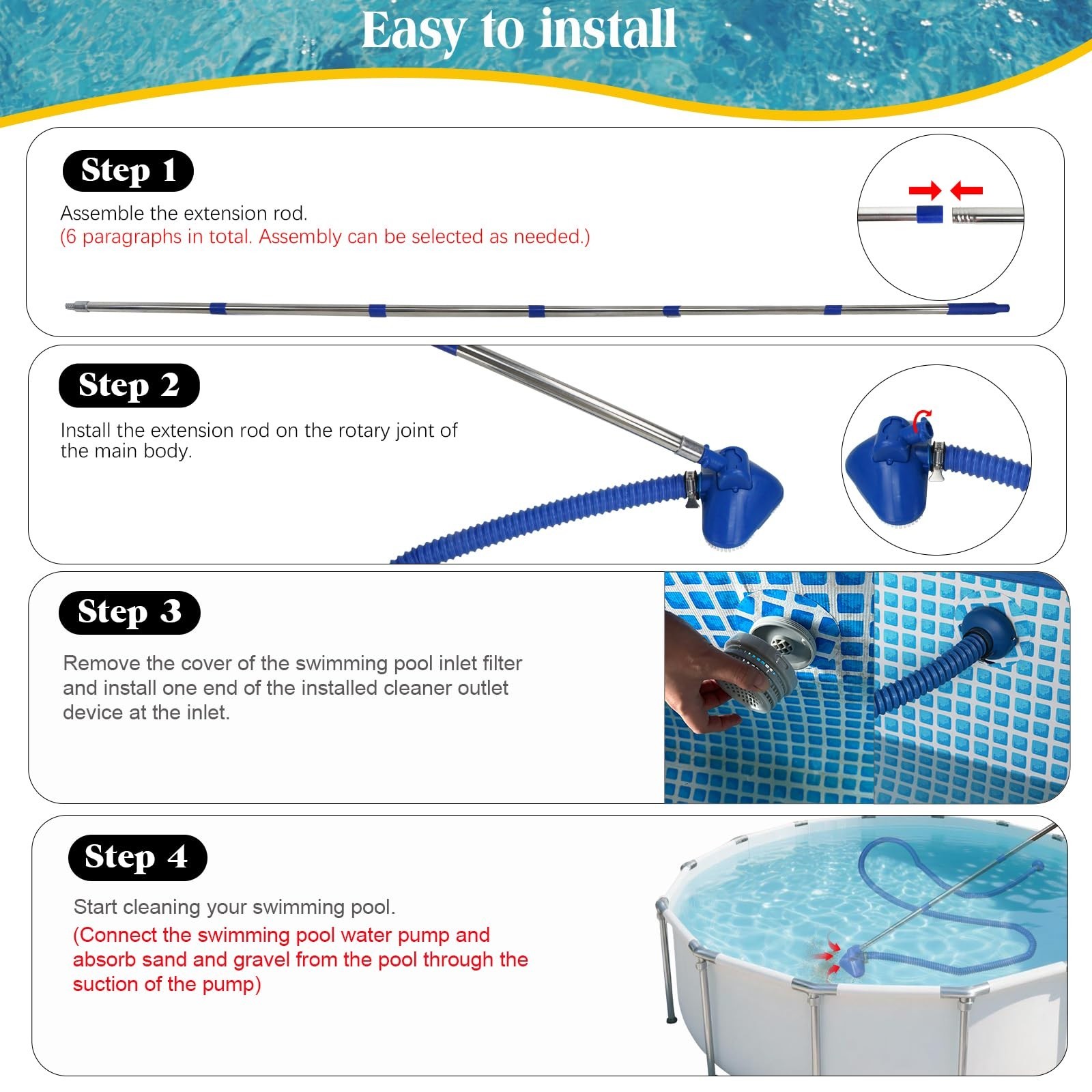 Pool Vacuum Cleaner for Above & In-Ground Pools, Flexible Hose & Extendable Rods