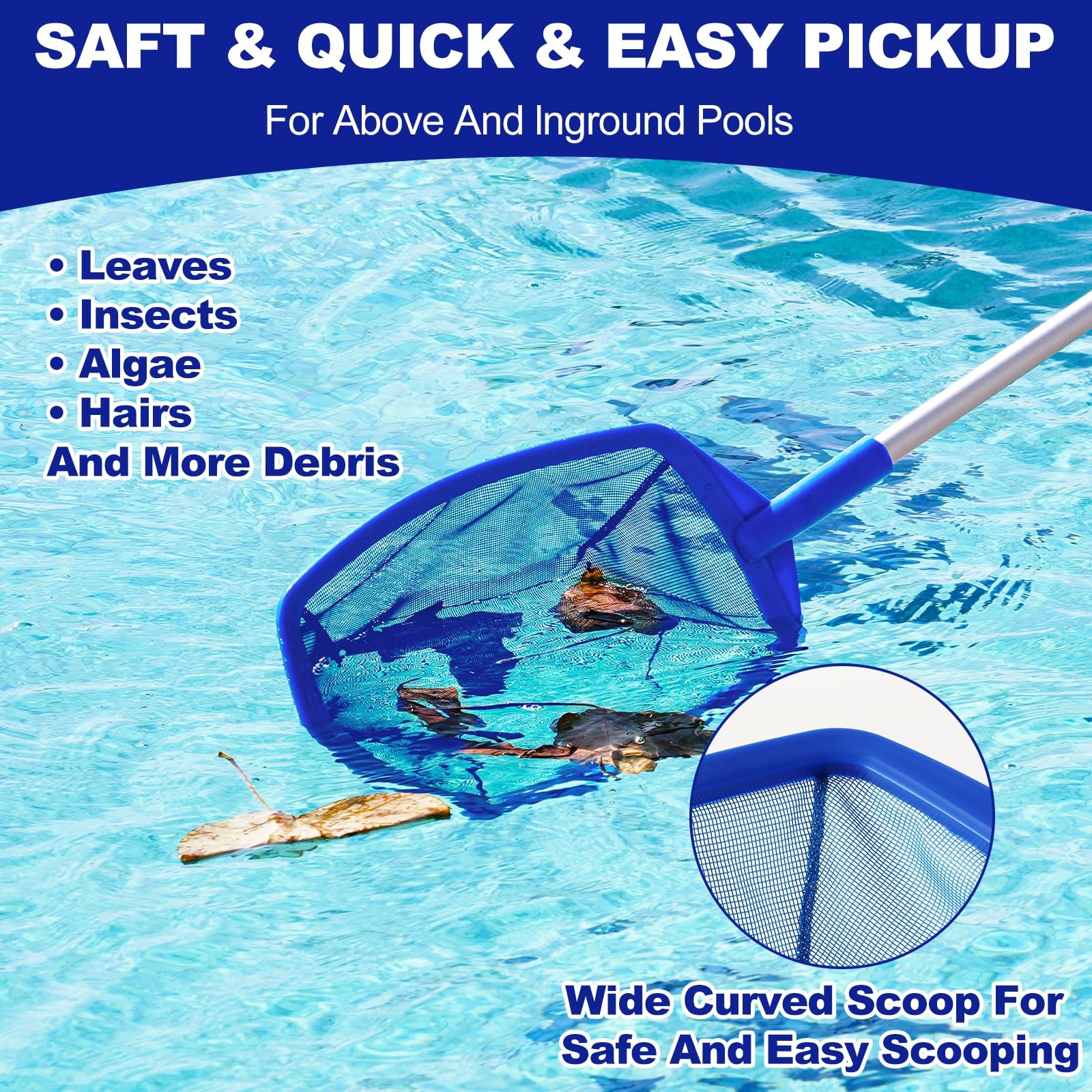 Adjustable Pool Skimmer Net with Telescopic Pole Ultra Fine Mesh Rake