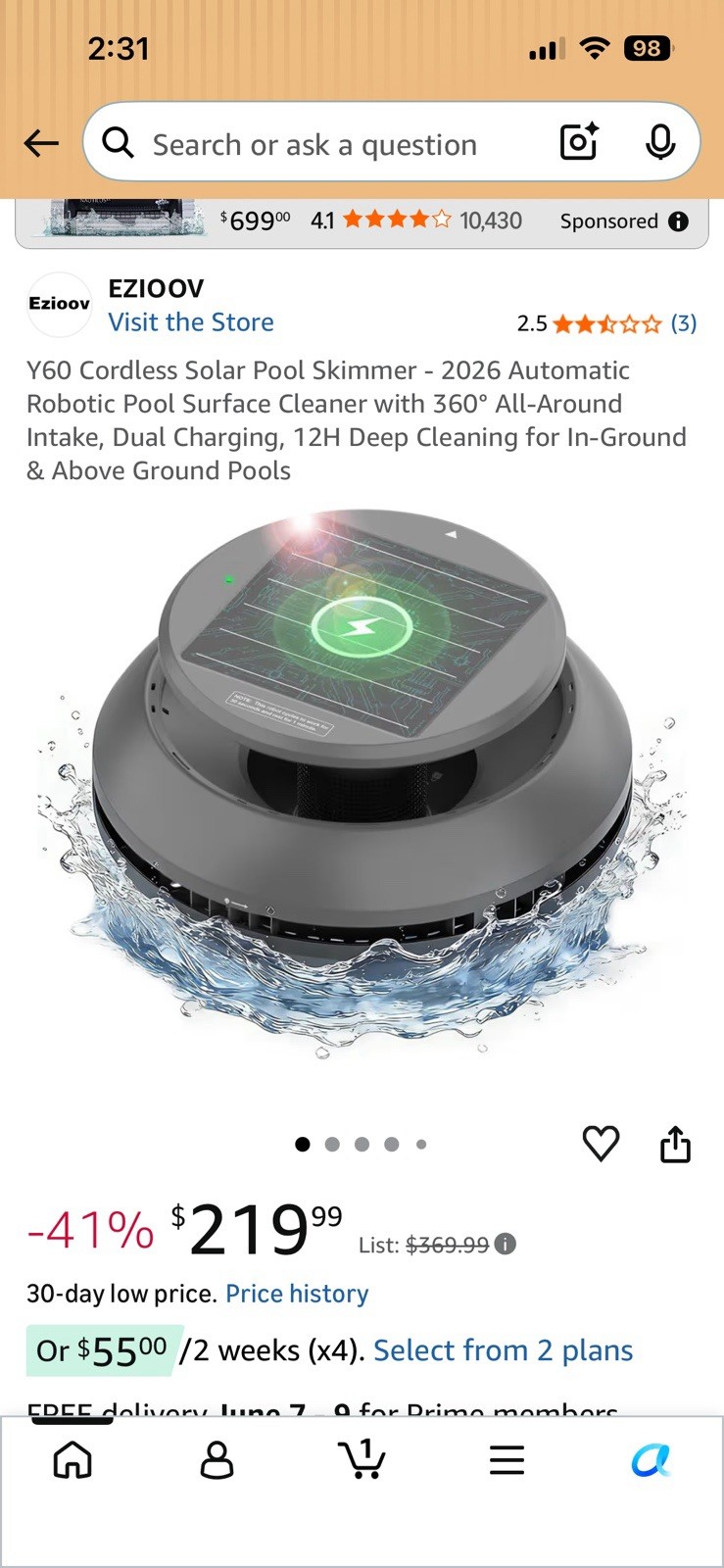 EZIOOV Y60 Solar Powered Cordless Robotic Pool Skimmer, Black w/ Manual