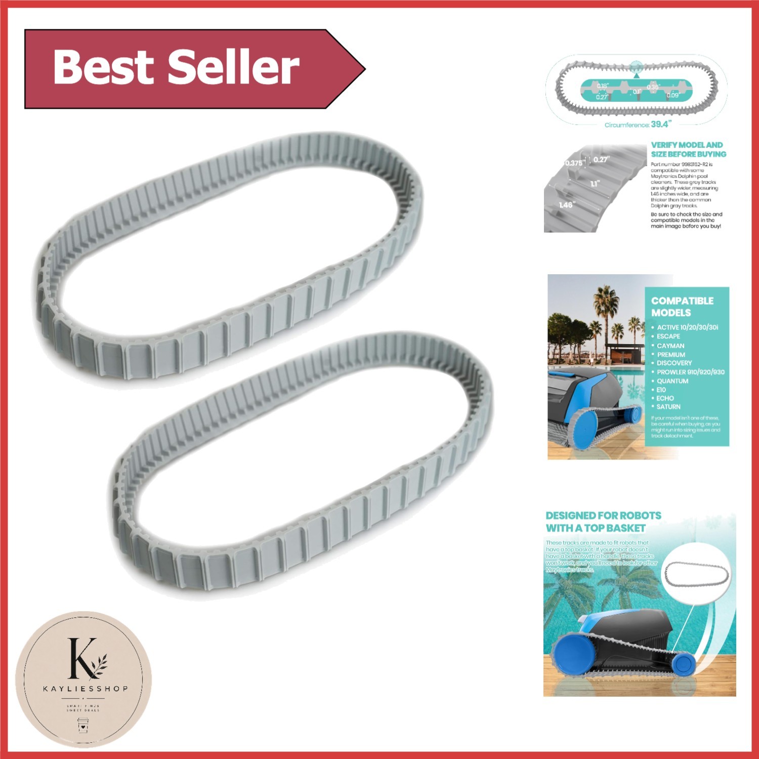 2 Pack Replacement Gray Rubber Tracks for Dolphin Robotic Cleaners 9983152-R2