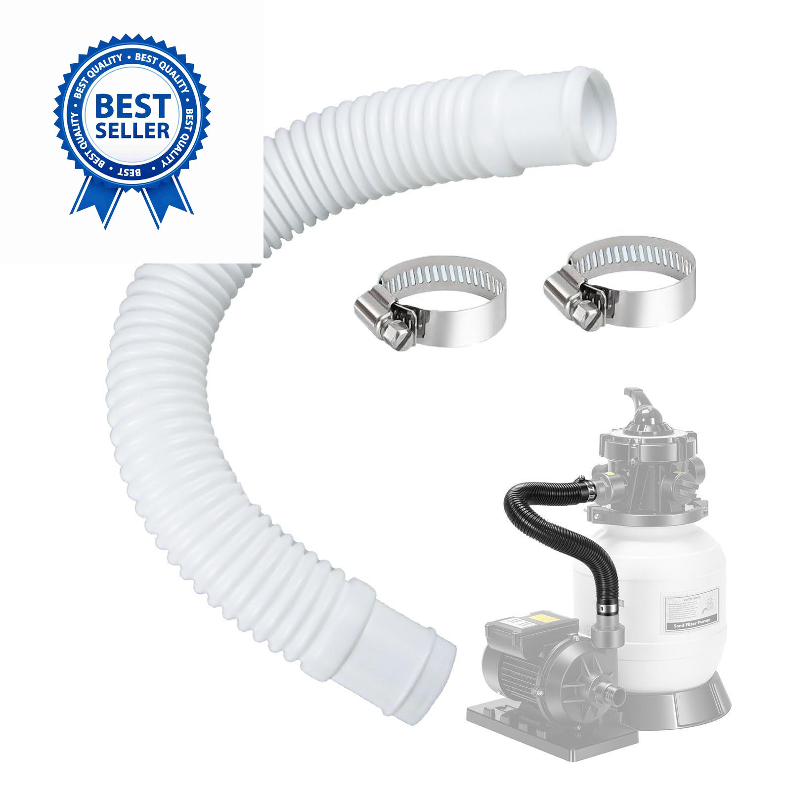 Pool Sand Filter Pump Hose – 1.25&Prime; 16 inches x 1.25 inches, White -1 Pack