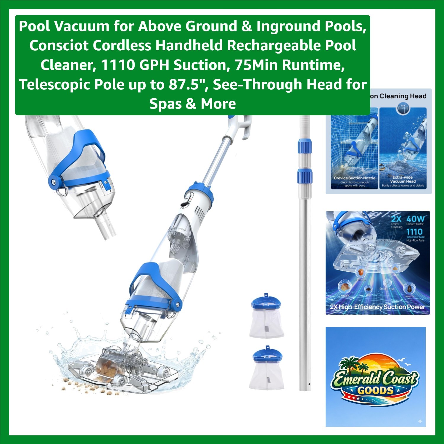 Powerful Rechargeable Pool Vacuum – 1110 GPH Suction, 75 Min Runtime, Easy Use