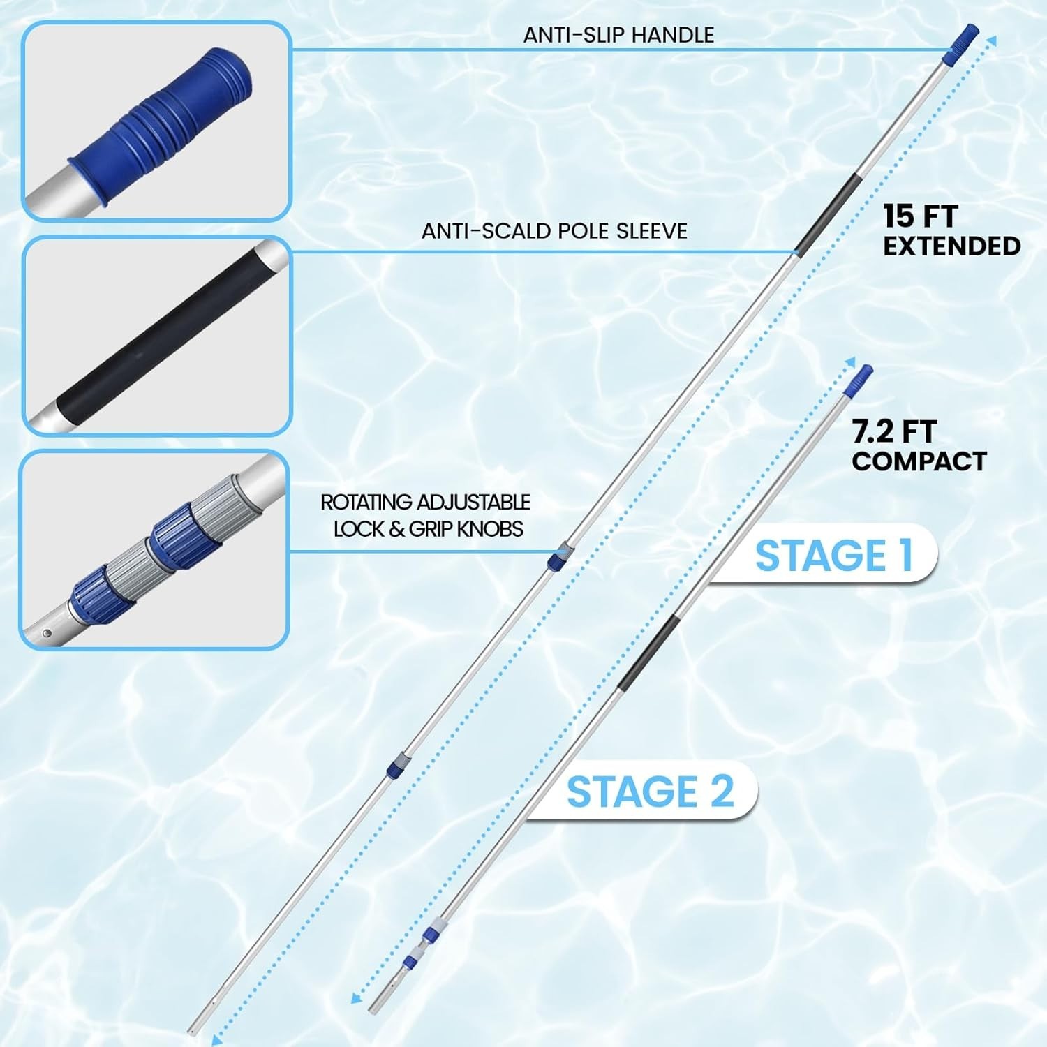 3-Piece 15FT Pool Pole – Durable Telescopic Design for All Cleaning Needs