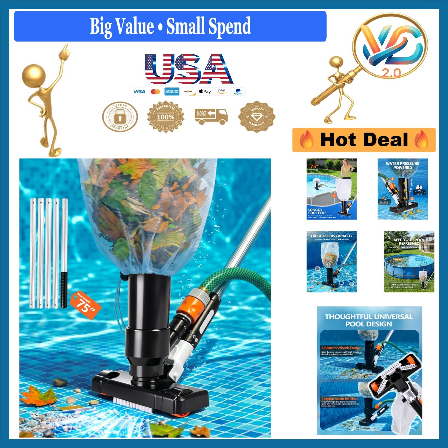 Handheld Pool Vacuum Above Ground Pool Floor Cleaner with Pole Brush