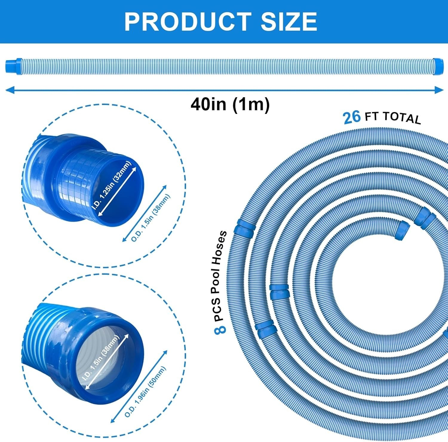 Pool Vacuum Hose 26 Feet 8 x 40 Inch 1.5 Inch Cuffs Replacement