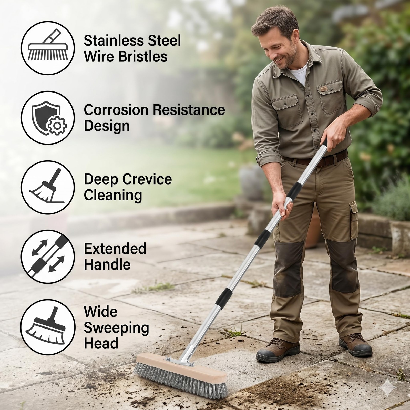 Heavy Duty Stainless Steel Scrub Brush with Long Handle for Concrete & Decks