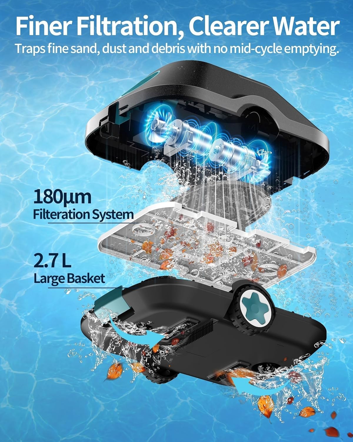 Light Teal Robotic Pool Cleaner for Above & Inground Pools – 180μm Filtration