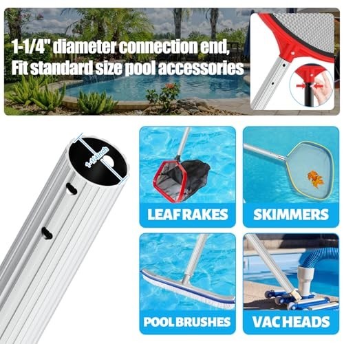 15ft Telescopic Aluminum Pool Cleaning Pole – Heavy Duty for Skimmer Nets & Vacu