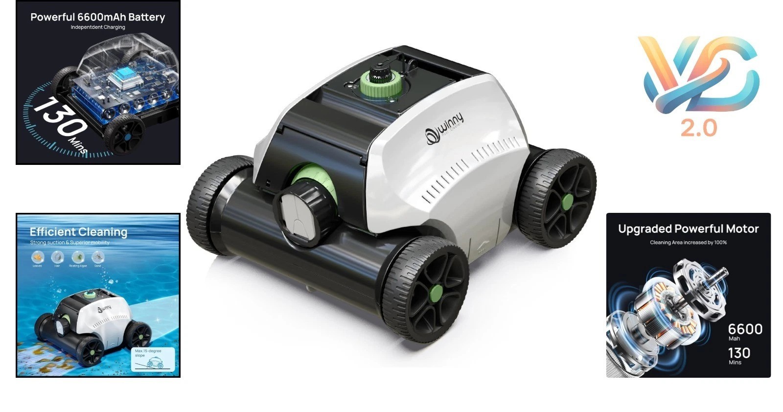 Robotic Pool Vacuum for Above Ground Pool 6600mAh 130 Min Run White&Green