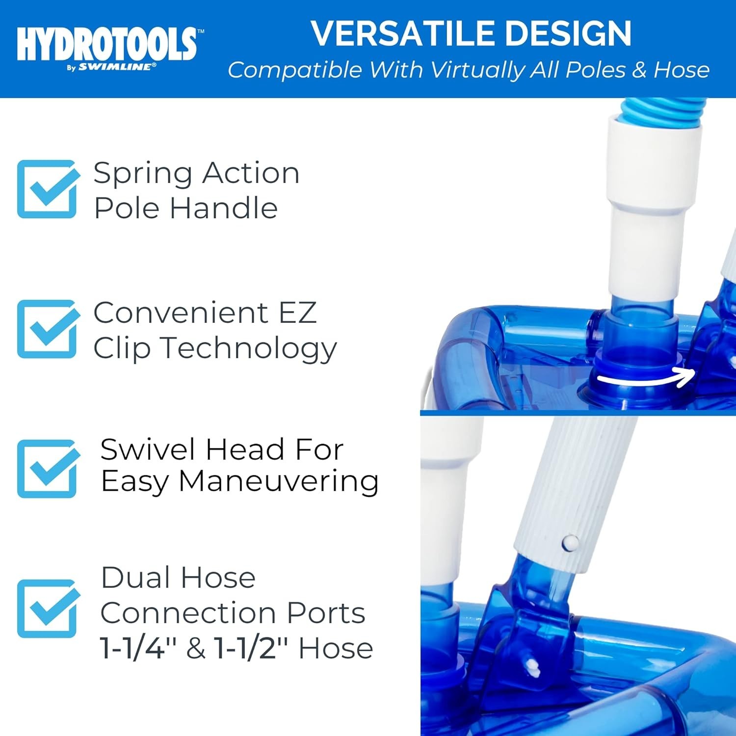 Heavy-Duty Hydrotools Pool Vac Head with Hose Compatibility & Swivel Feature