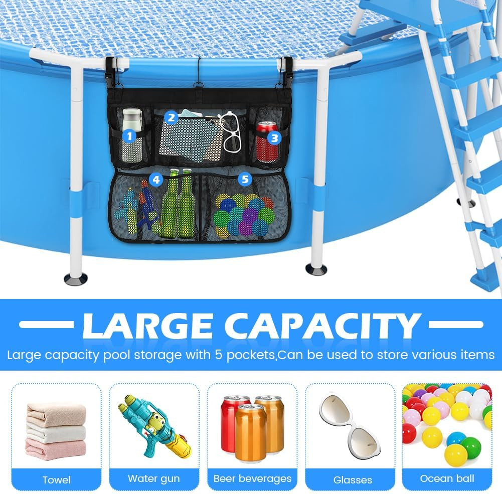 Pool Float Storage Net, above Ground Pool Hanging Organizer with 5 Mesh Pockets,