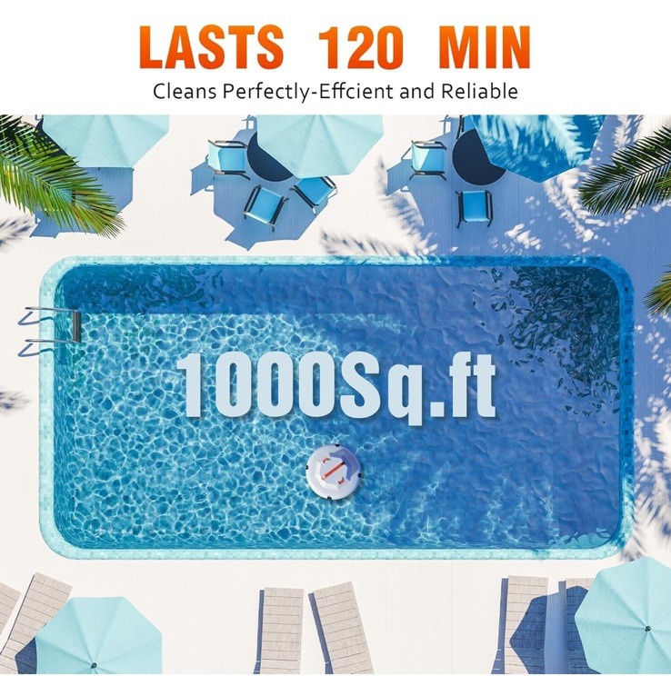 Cordless Robotic Pool Cleaner – 120 Mins Automatic Pool Vacuum Above Ground. NEW