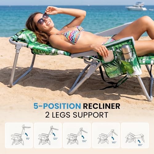 Palm Leaves Beach Chair Heavy Duty 330 lbs, 5-Position Lay Flat Folding