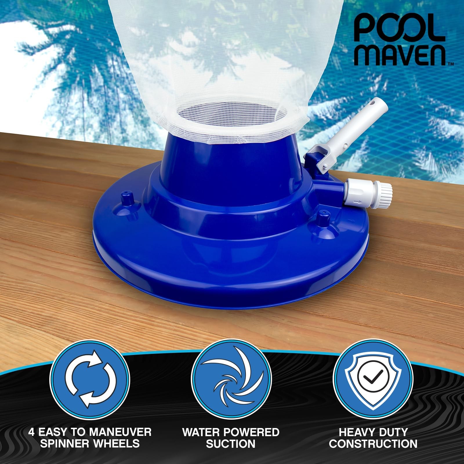 Poolmaven Heavy-Duty Pool Leaf Vacuum Head Garden Hose Powered 15 Cleaner Large