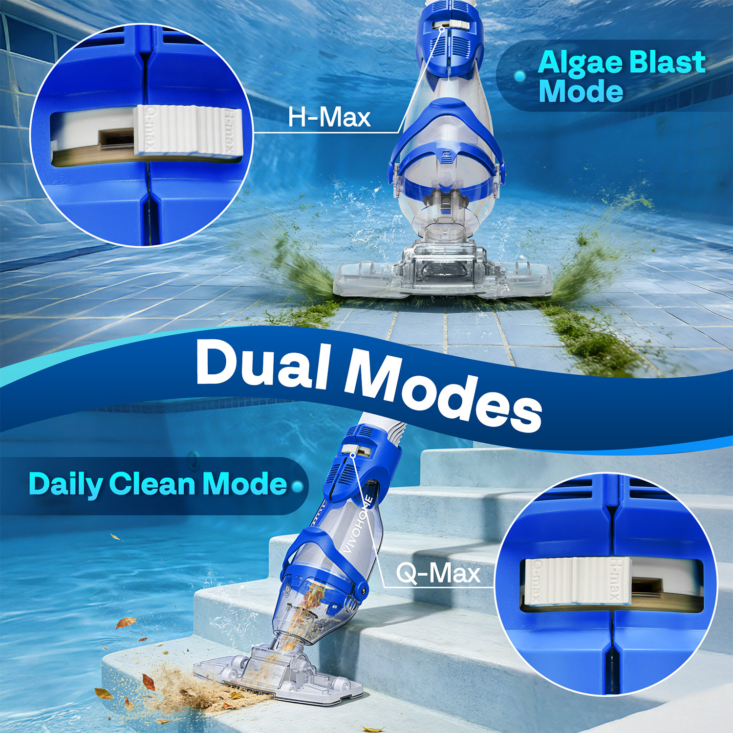 Cordless Pool Vacuum Cleaner 40W Quiet 19GPM 75min Battery 8.2FT Pole 2.6LFilter