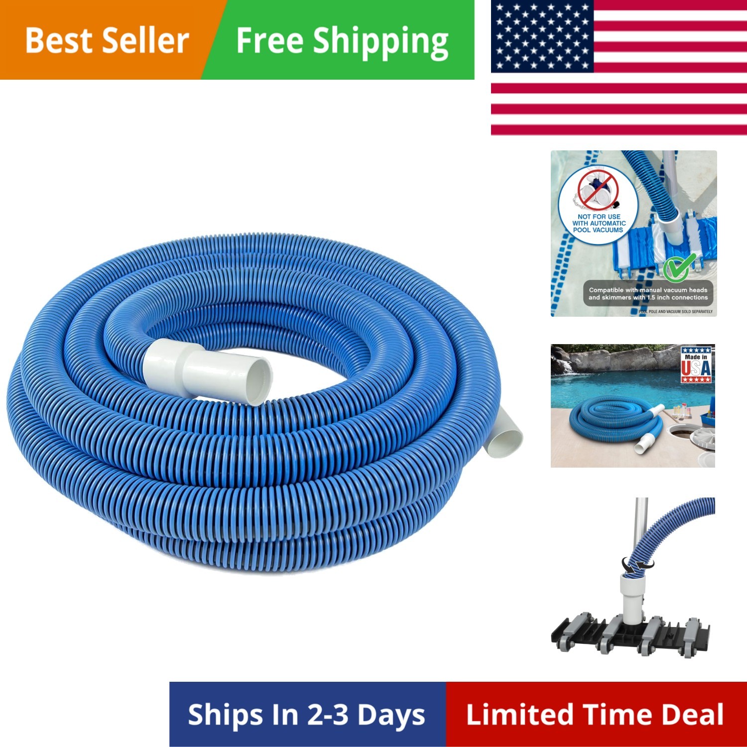 Manual Pool Vacuum Hose, 30 Ft x 1-1/2” for Inground & Above Ground Pools, No…