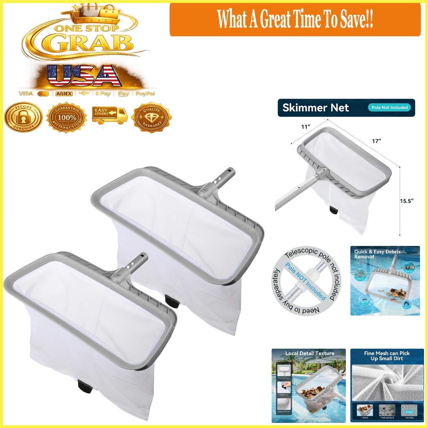 2 Pack Pool Skimmer Nets Heavy Duty Leaf Rake Fine Mesh Grey Frames