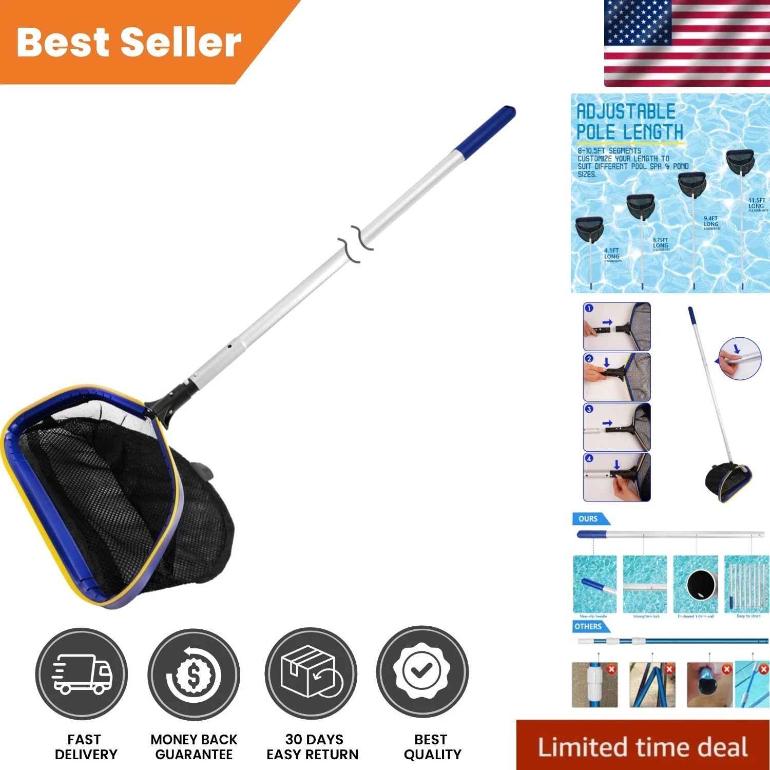 Effortless Pool Cleanup with Adjustable 3ft-10ft Skimmer Net & Heavy-Duty Design