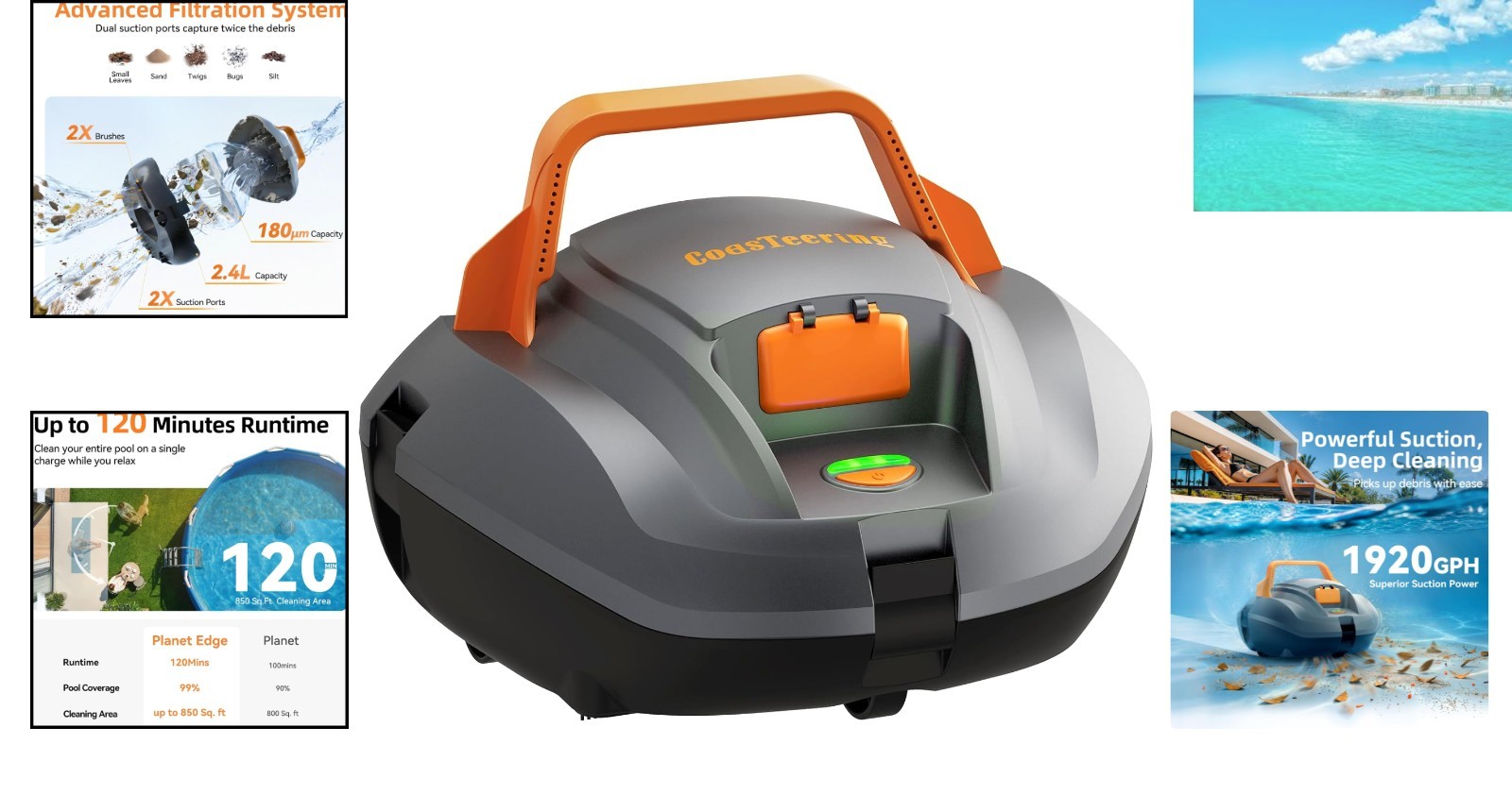 Powerful Dual-Motor Pool Cleaner – Easy Push Button Operation, Cordless Design